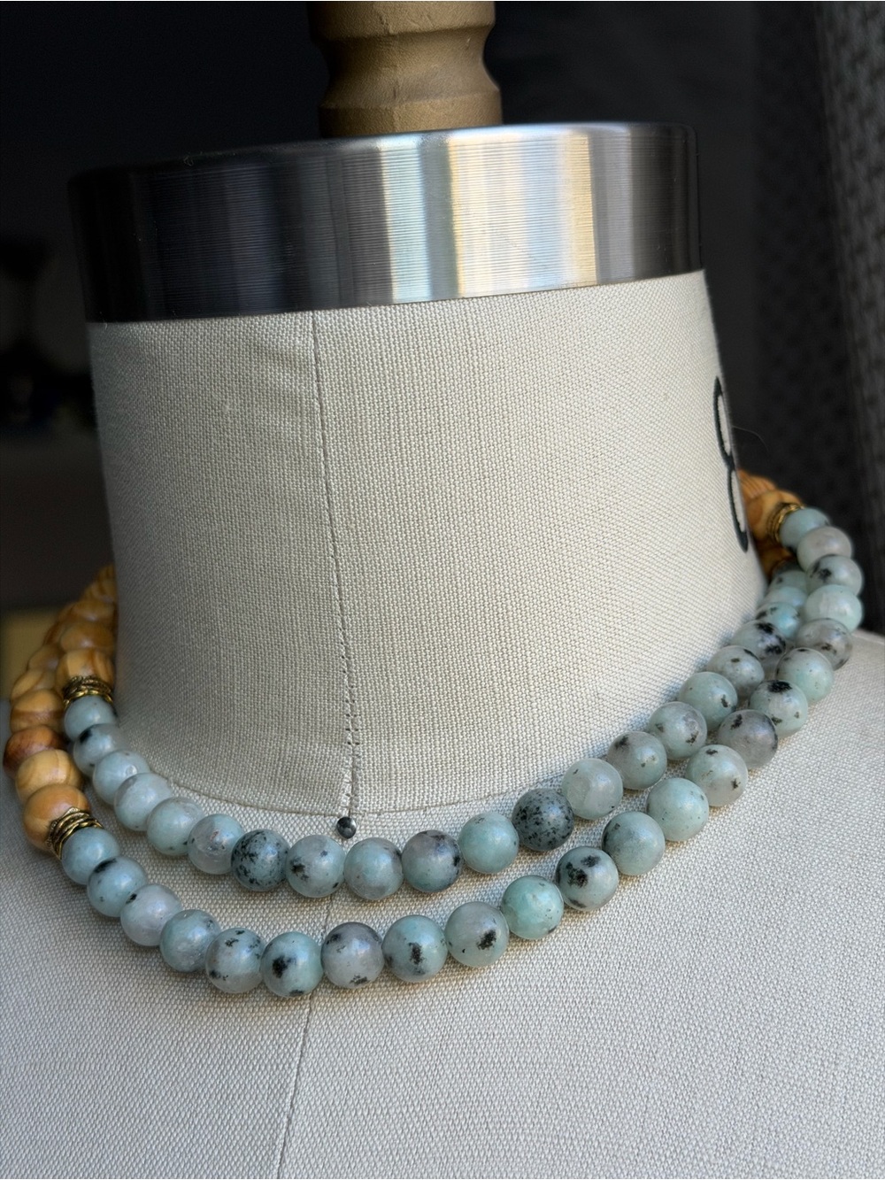 Handmade | Kiwi Jasper Gemstones & Light-Colored Wooden Beaded 32" Necklace